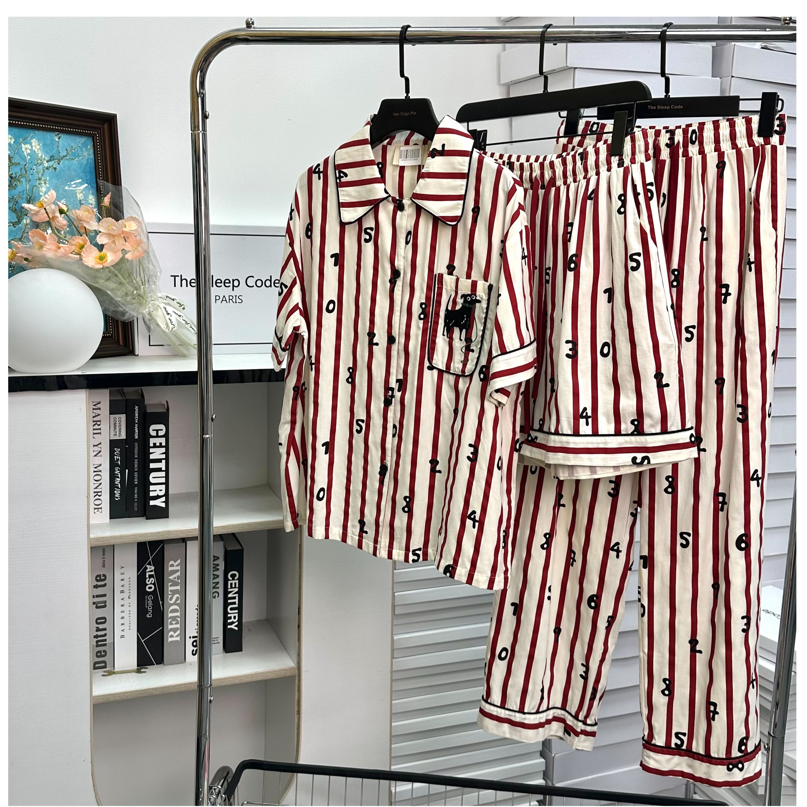 【兽家-条纹数字狗短款三件套】夏款可外短袖薄棉三件套居家套装