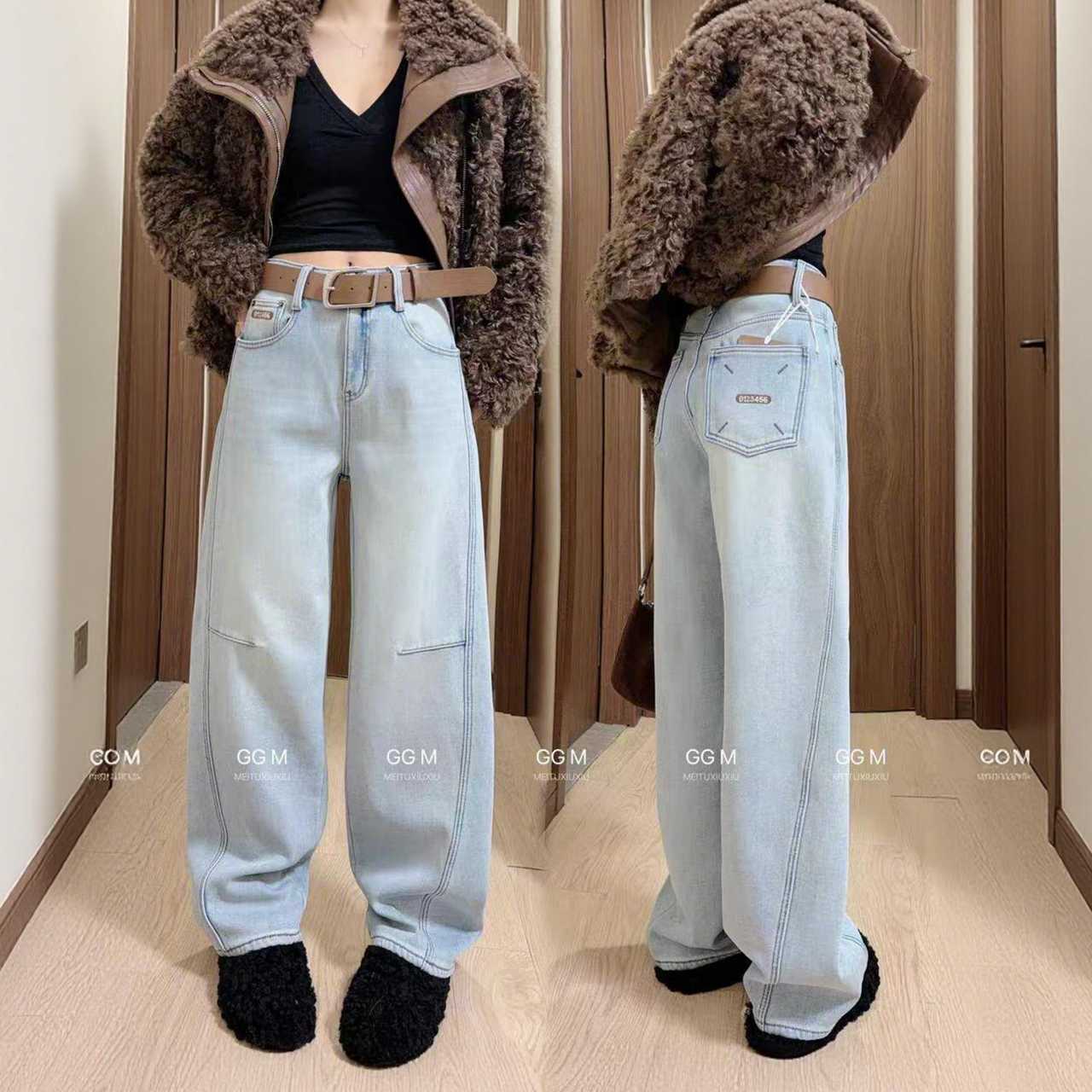 【芸姐】9300加绒加厚高腰显瘦弯刀阔腿牛仔裤女秋冬百搭
