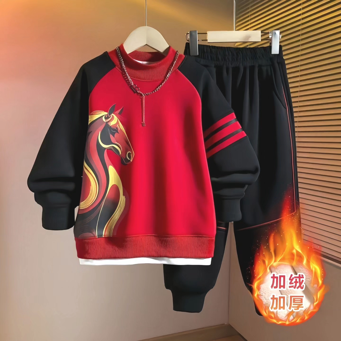 男童红色卫衣加绒套装马年拜年服加厚冬款中大童酷帅新年喜庆冬装