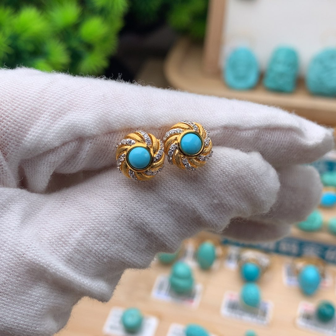 绿松石珠宝奇石银S925镀金镶嵌