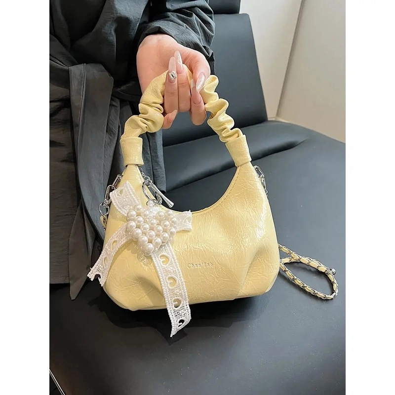 韩版小众褶皱手提包包女2025新款春夏多巴胺单肩包时尚链条斜挎包