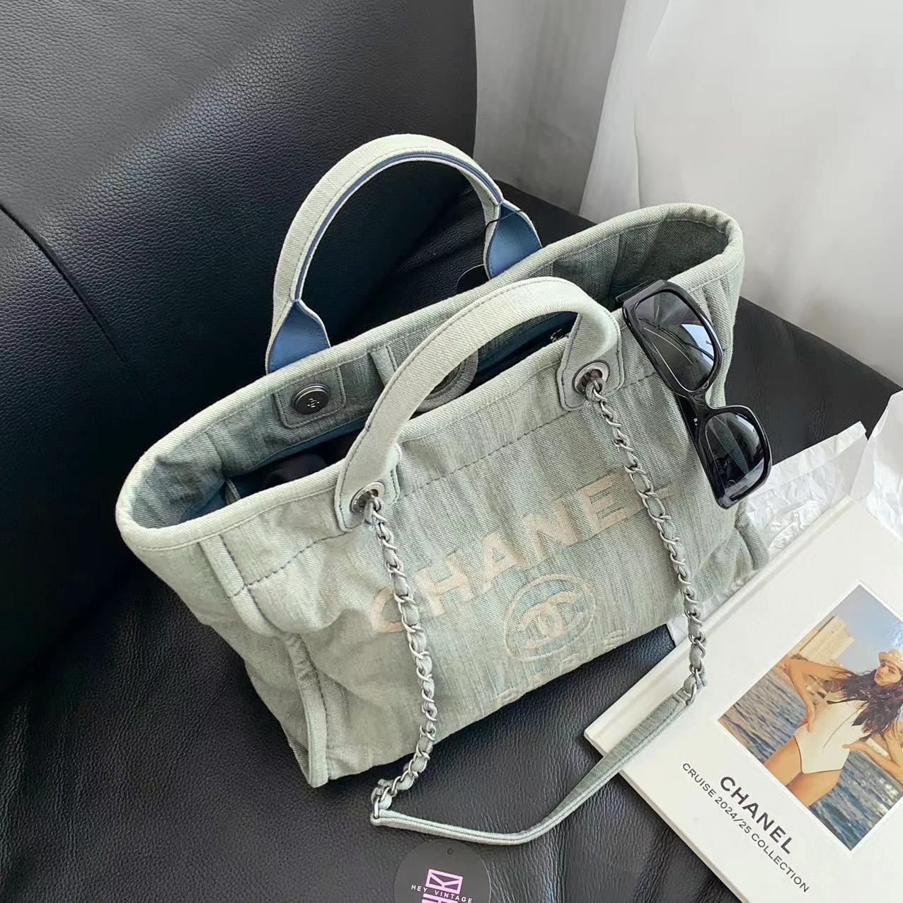 95新 Chanel/香奈儿 浅蓝色牛仔沙滩包 小号芯片款 34cm 13912939