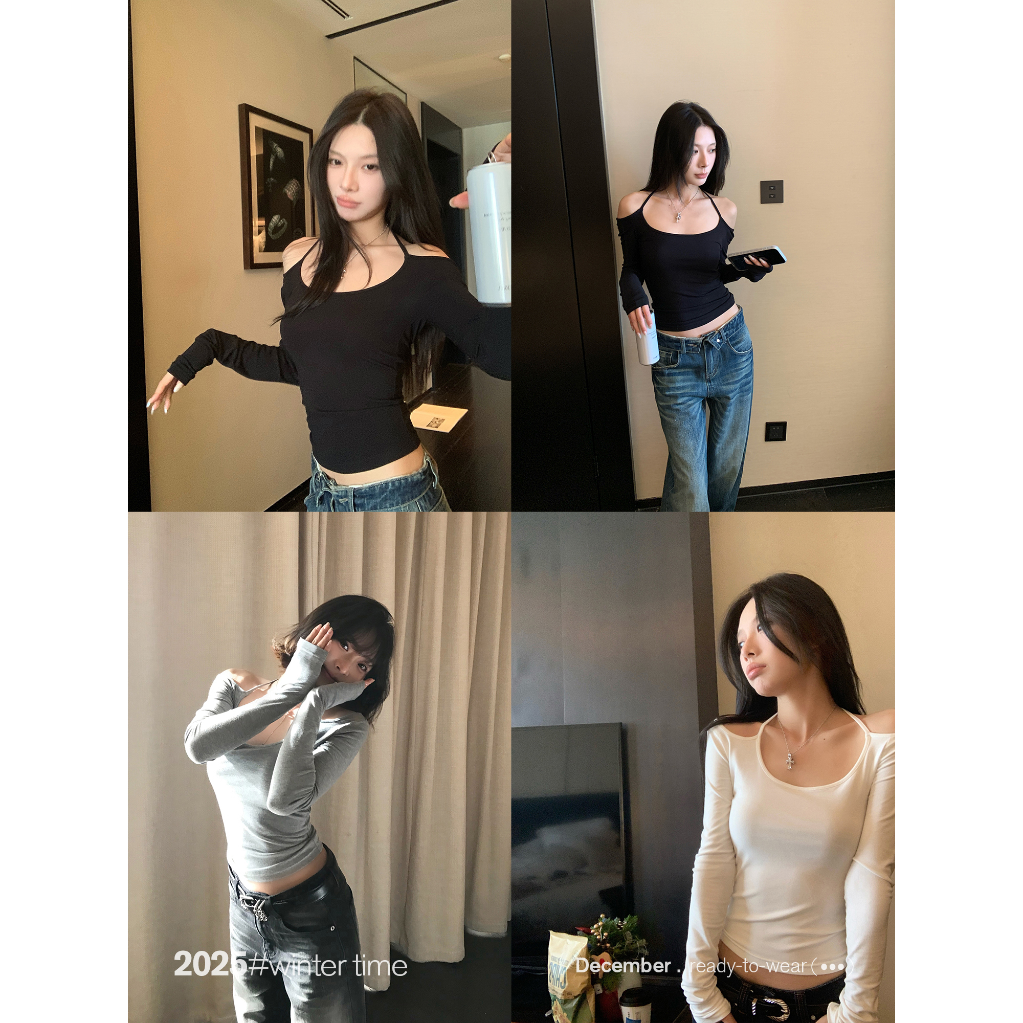 SUNONEONE 不规则修身显瘦套头长袖内搭T恤女冬小众打底衫H1620C