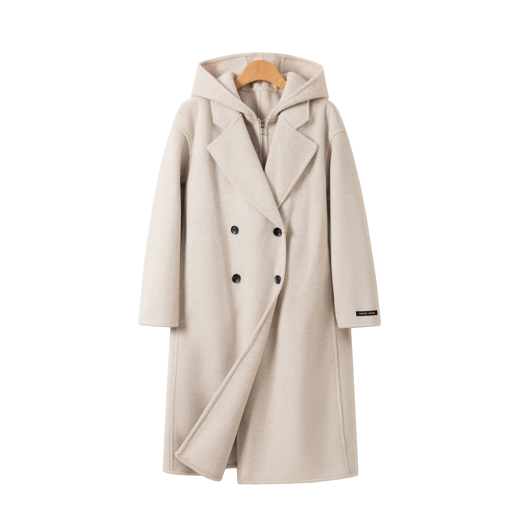 撞色可拆卸两件套连帽双面绒大衣女长款2025秋冬新款毛呢外套6537