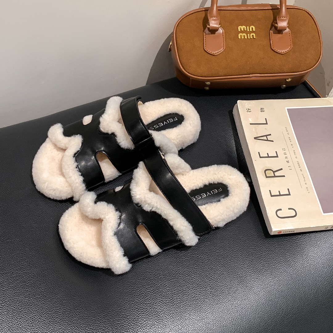 新款二舅懒人H魔术贴厚底毛毛拖鞋女外穿2025拖鞋鞋子女款秋冬