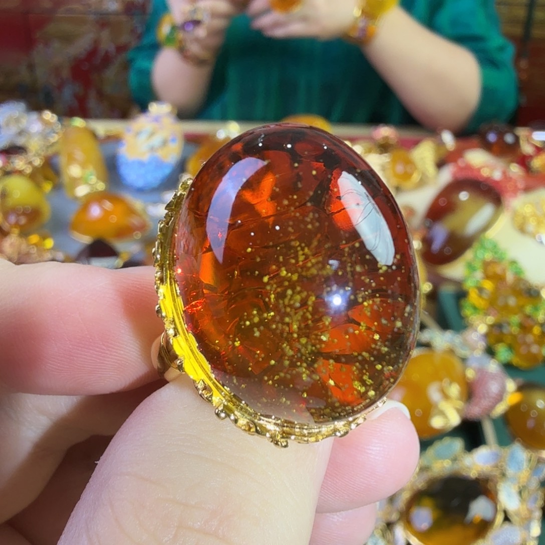 琥珀银S925镀金镶嵌戒指