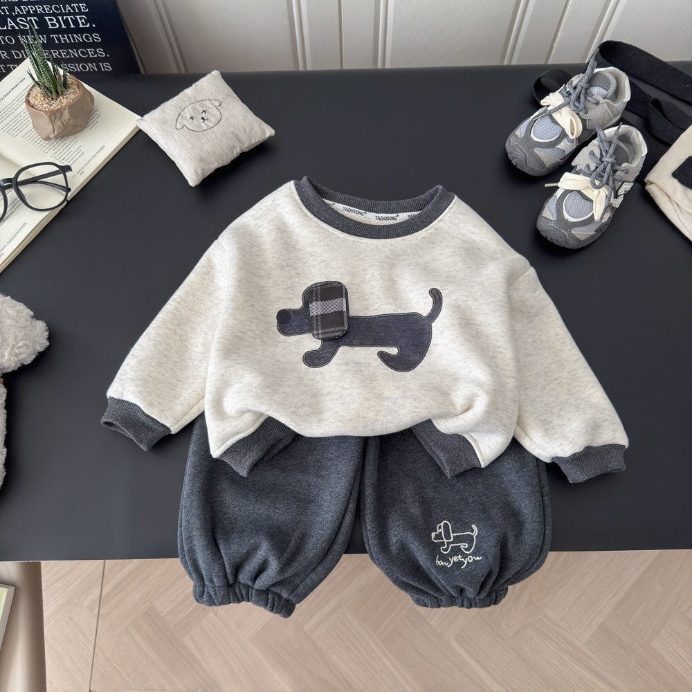 【加绒加厚】韩系可爱卡通卫衣套装2025新款男宝宝宽松上衣休闲裤
