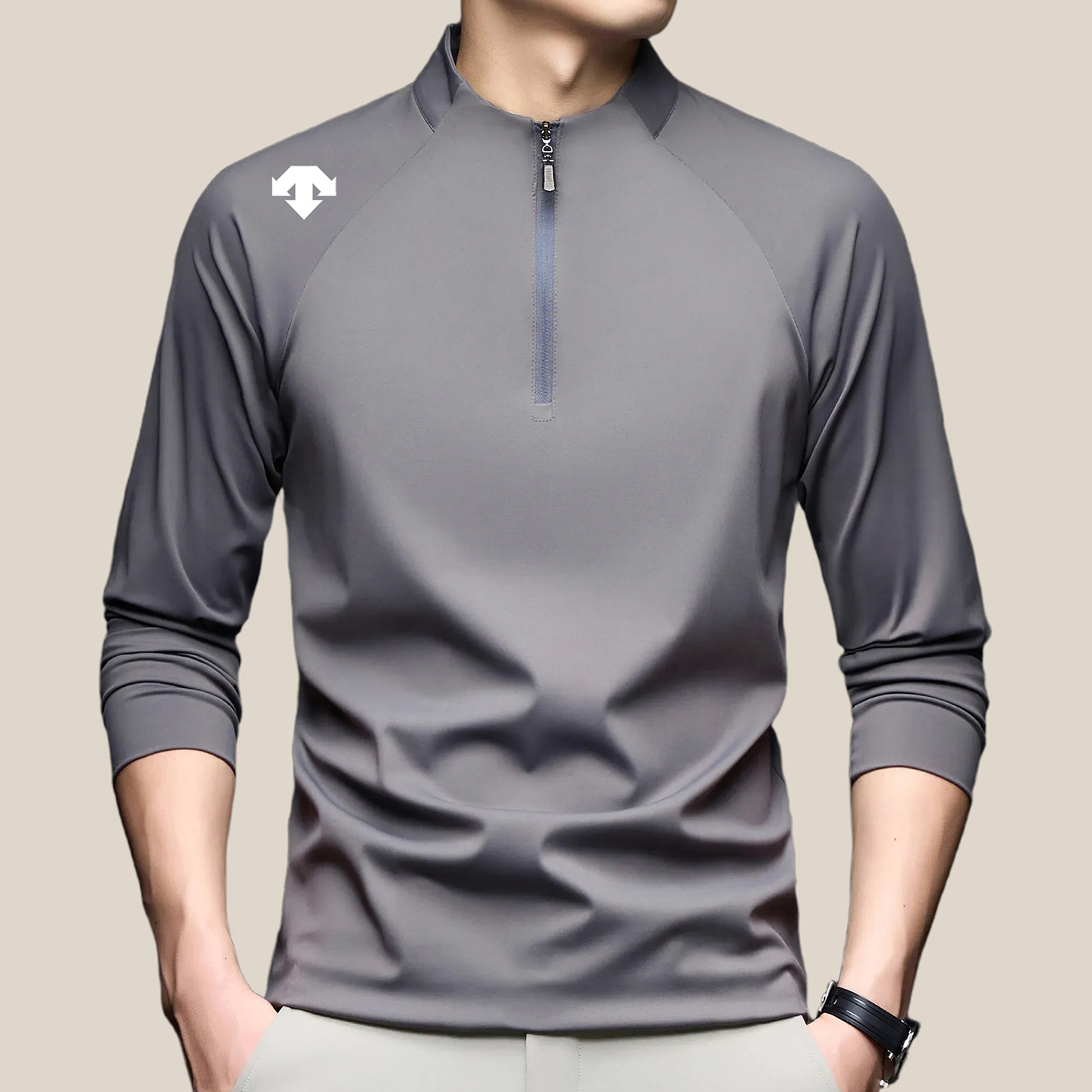 【专柜同款】迪桑家秋季长袖运动T恤时尚速干纯色拉链立领打底上衣