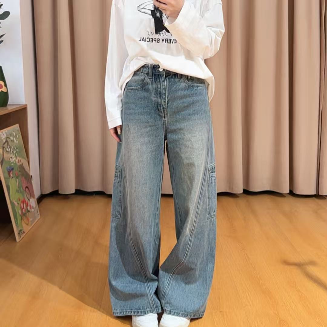 85526余小鱼【焦点牛仔】复古蓝侧边大口袋斜线设计抓毛牛仔裤女装
