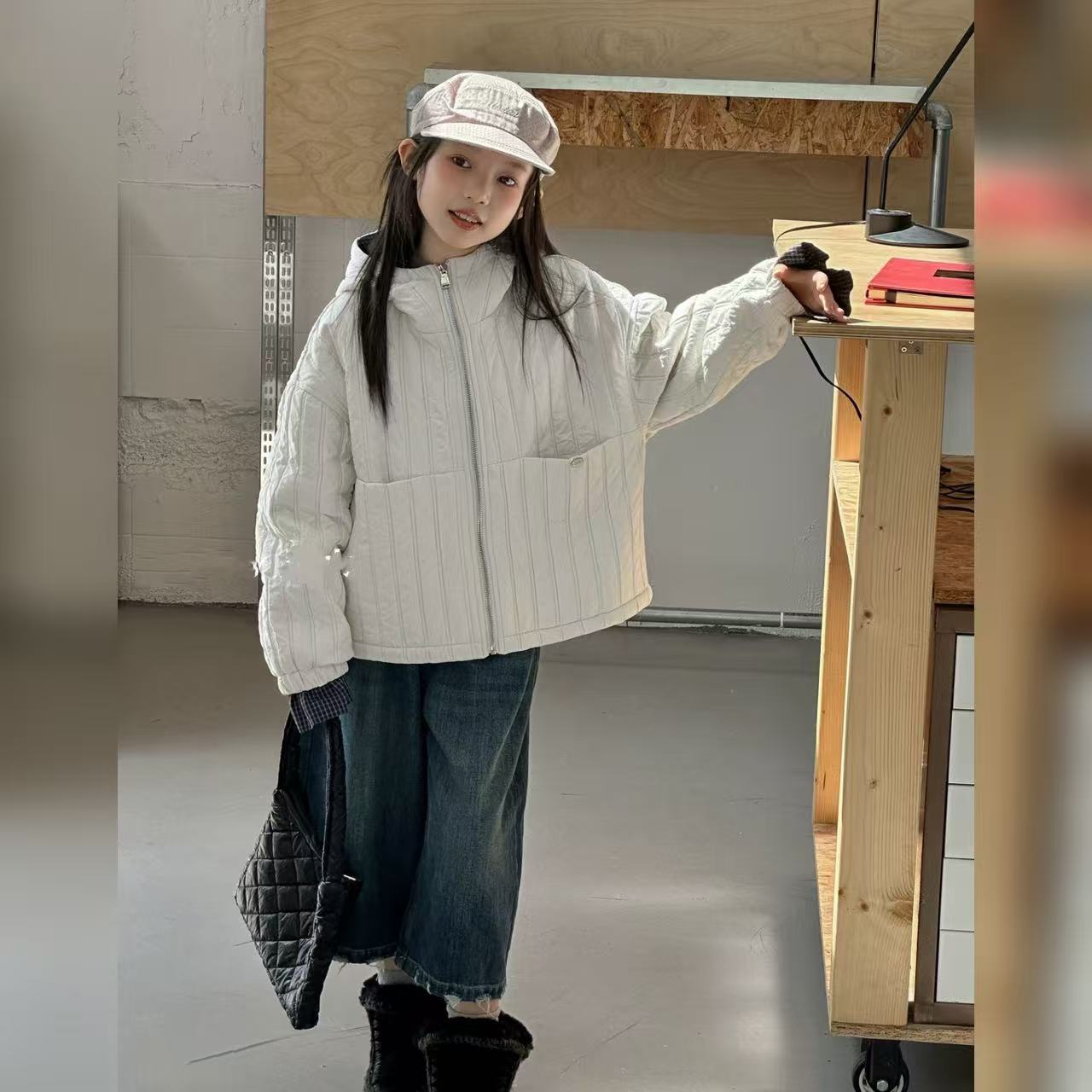 【2025秋冬韩款】儿童韩系连帽拼接格子加棉外套x1454