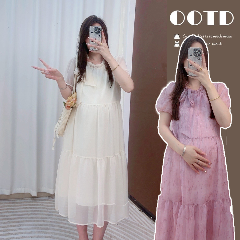 夏季法式蝴蝶结孕妇短袖连衣裙甜美宽松遮肚显瘦高级感穿搭