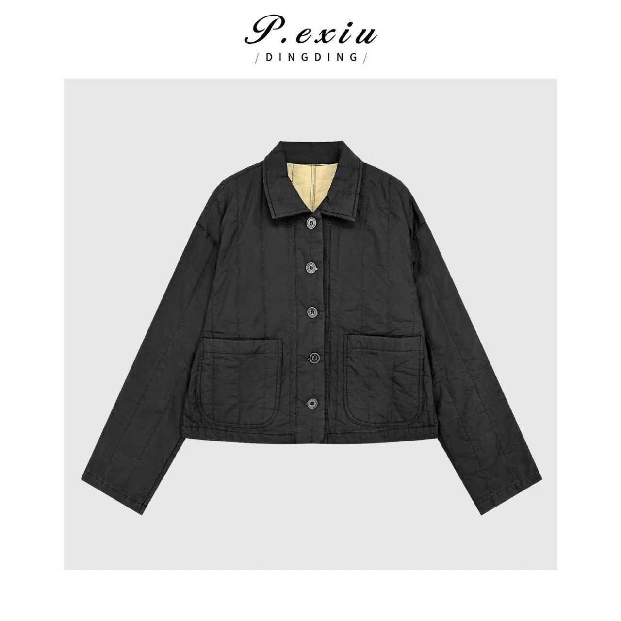 100%棉韩系撞色格纹宽松廓形棉服外套 M9172