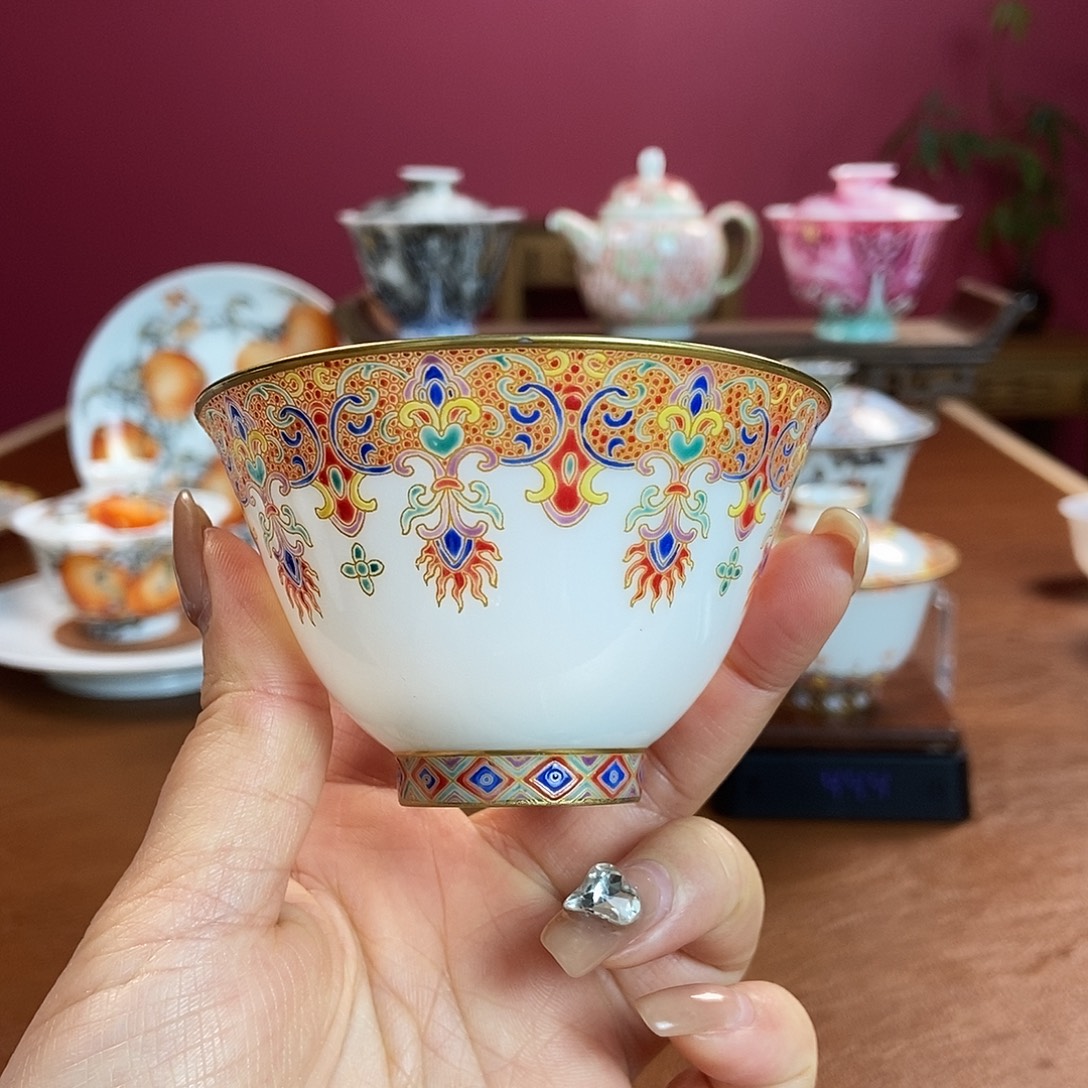 山月闲微瑕超薄胎脱胎瓷高温手工珐琅彩主人杯