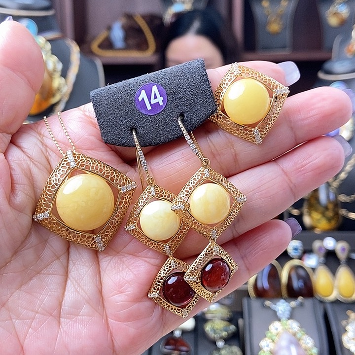 琥珀颈饰银S925镶嵌套装