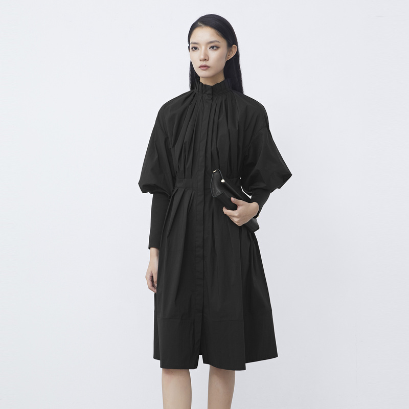 圣迪奥荷叶边立领抽褶拼接衬衫连衣裙S21481224