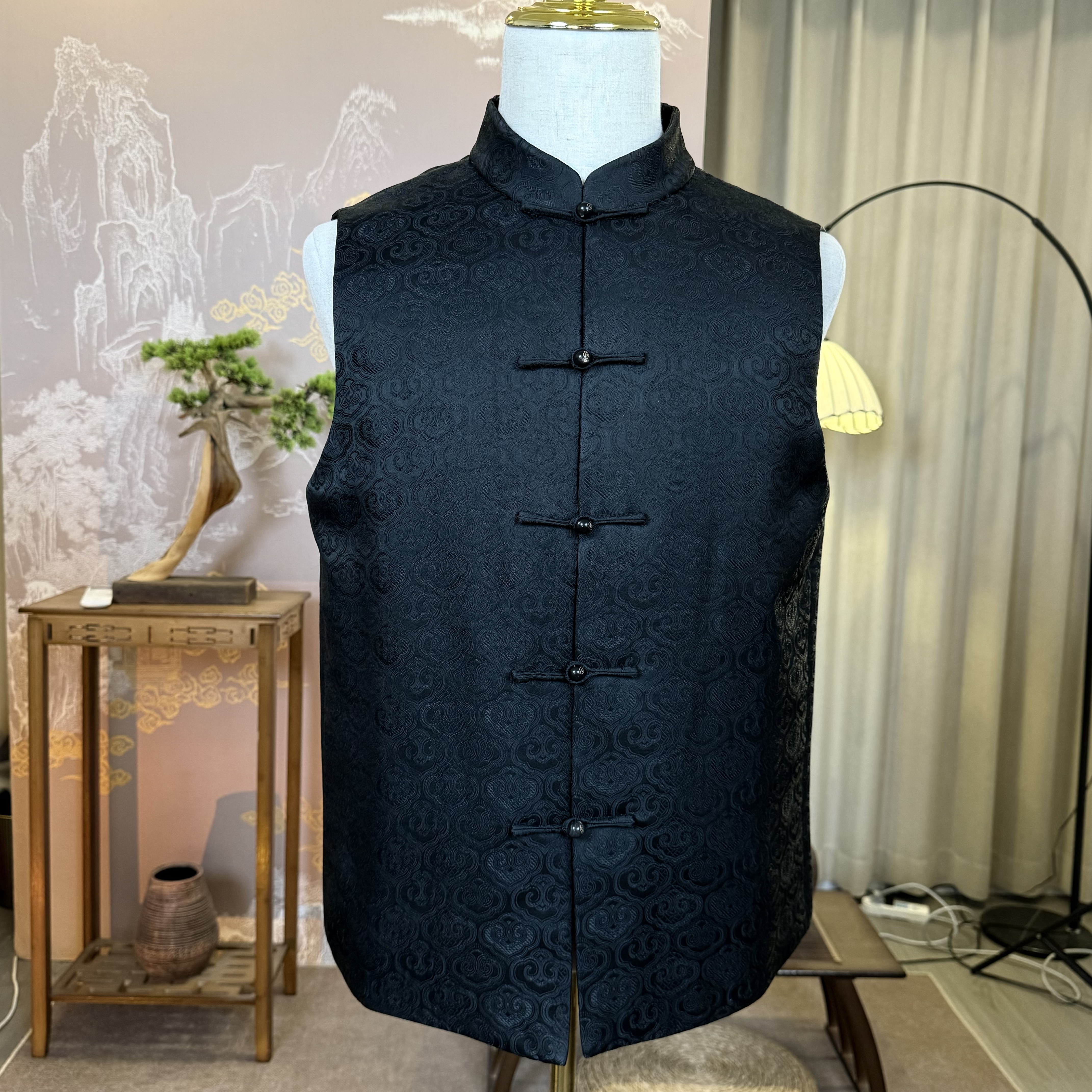 冬季新款男士棉坎肩 宋锦祥云纹黑色立领加棉马甲 国风中式男装