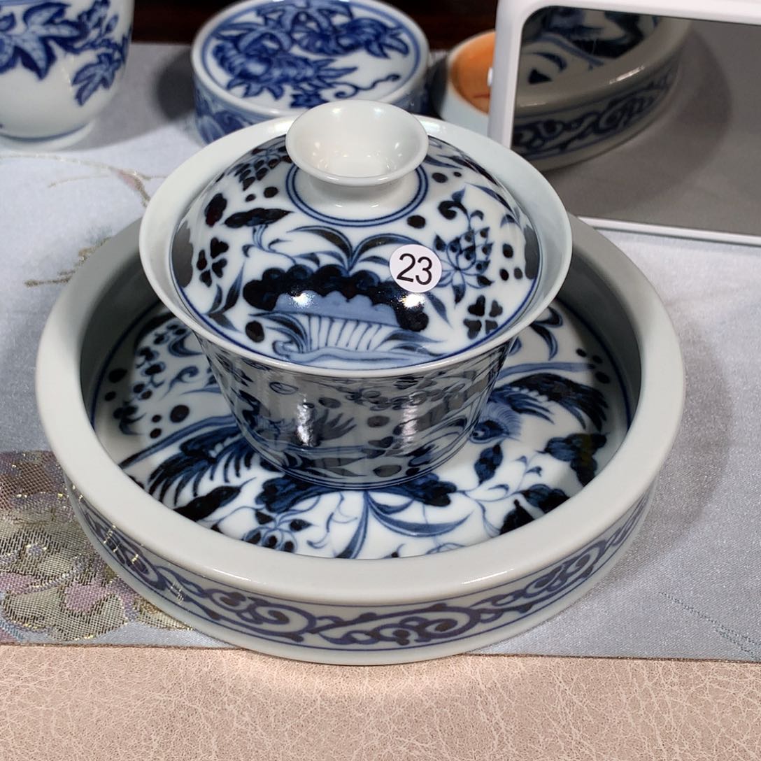 杯子上**氷23元青花莲池鸳鸯盖碗加壶乘