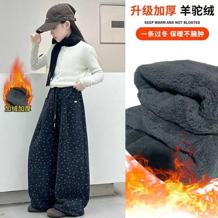 女童加绒裤子冬季中大童宽松休闲裤女孩加绒加厚裤子巨厚一条过冬