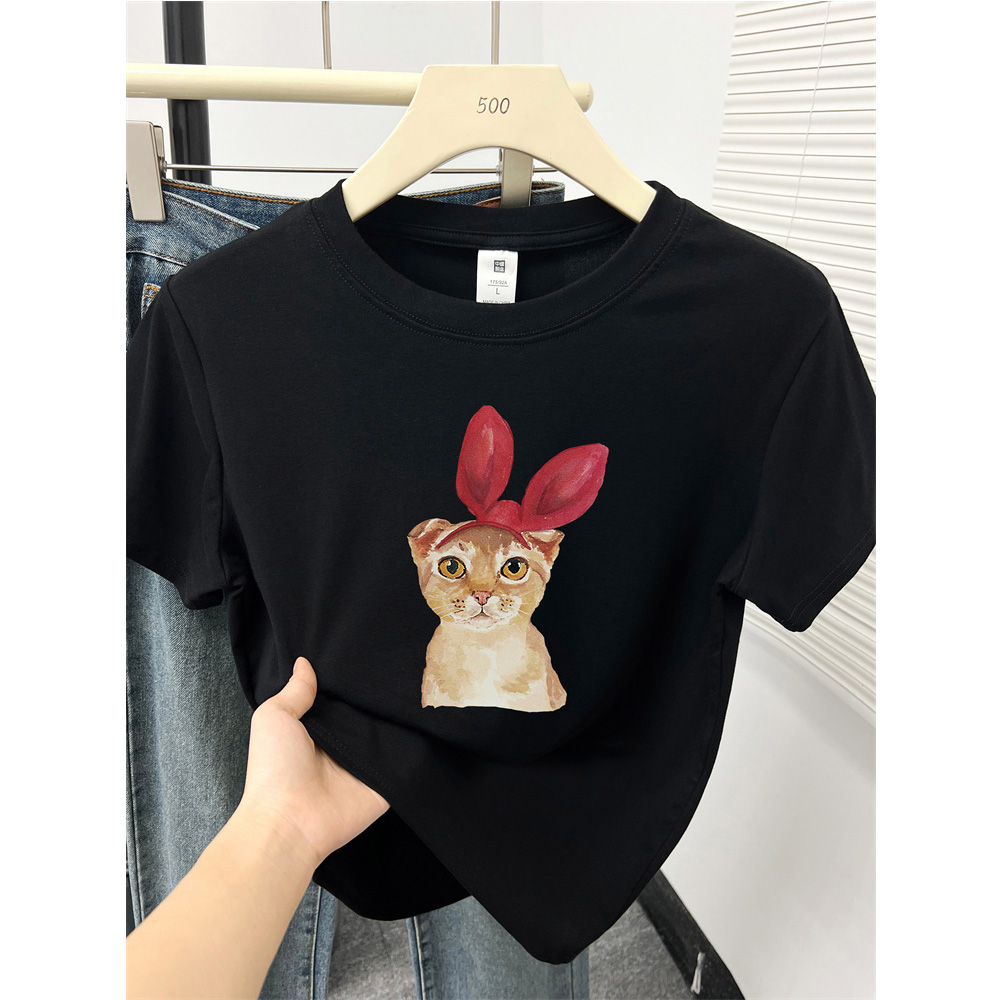 正肩短袖T恤女夏季新款猫咪印花独特气质遮肚子时尚圆领半袖上衣