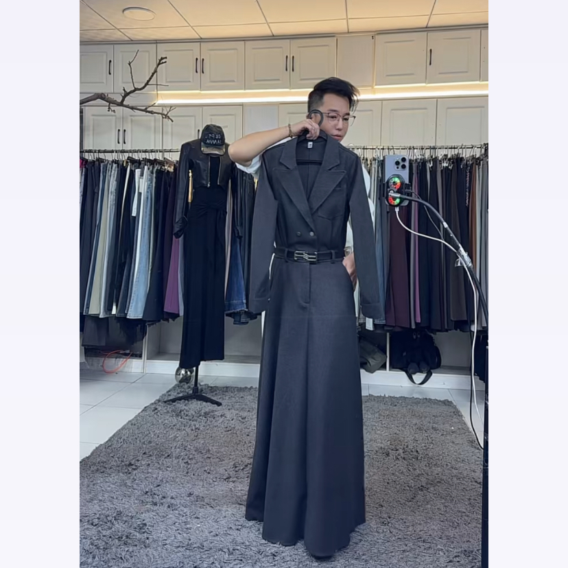 燕龙原创16670松弛感长袖西装领高腰腰带显瘦毛呢面料长款连衣裙