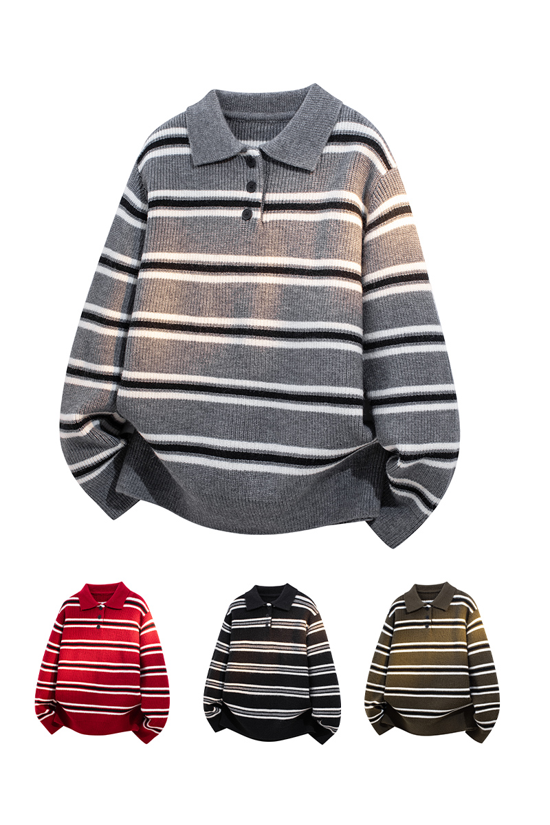 BoyHe原创男装 秋冬新款男士翻领条纹加厚毛衣气质百搭保暖针织衫