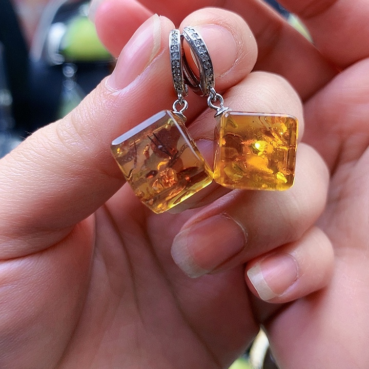 琥珀裸石银S925镶嵌耳坠