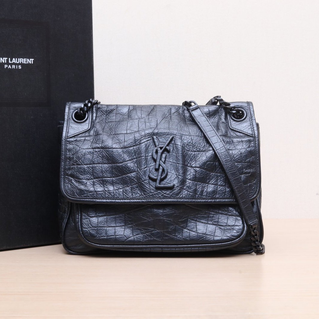 95新 YSL/圣罗兰 小花黑黑 黑扣 Niki中号 28 鳄鱼压纹