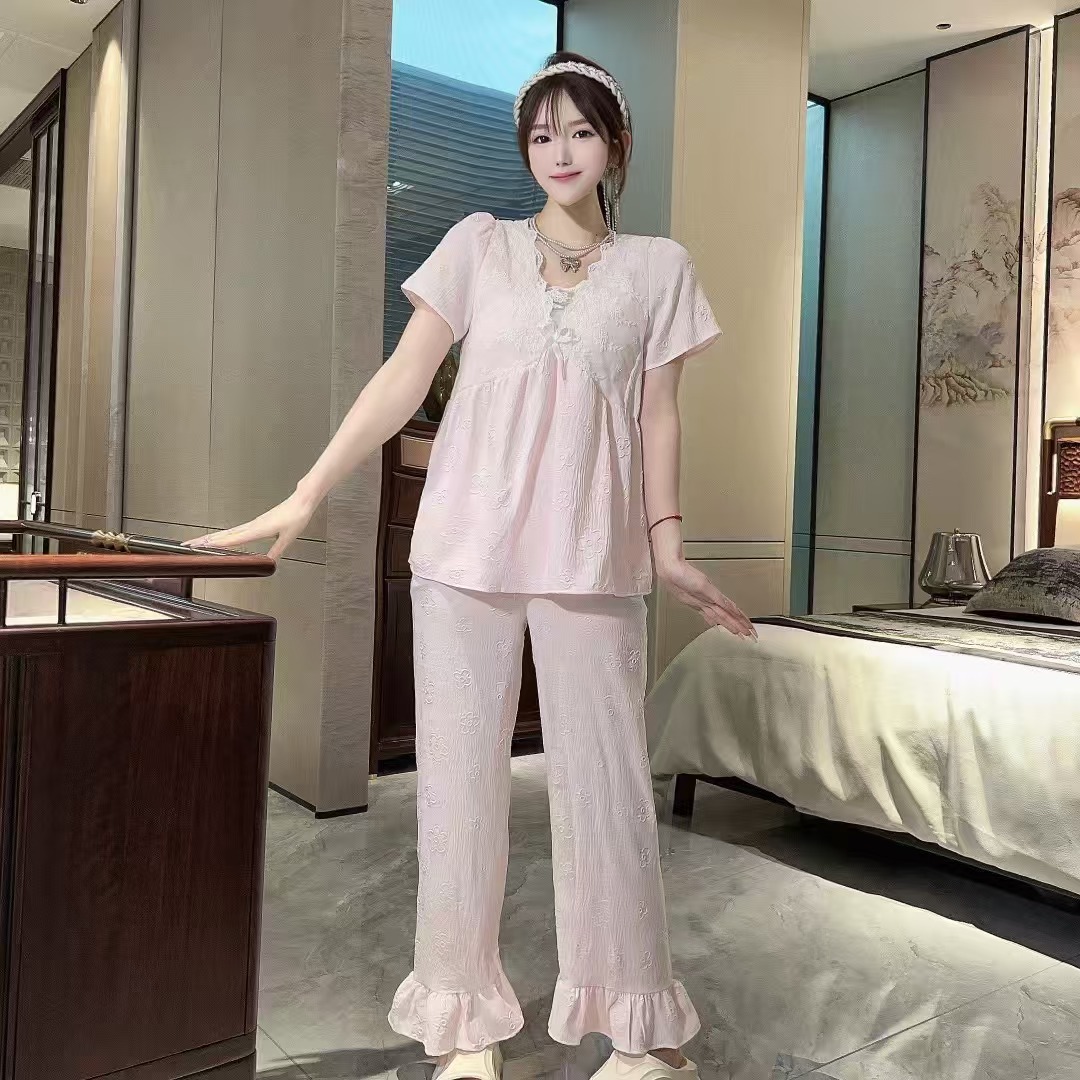 新款甜美蕾丝带胸垫时尚气质公主风休闲舒适宽松家居服睡衣套装