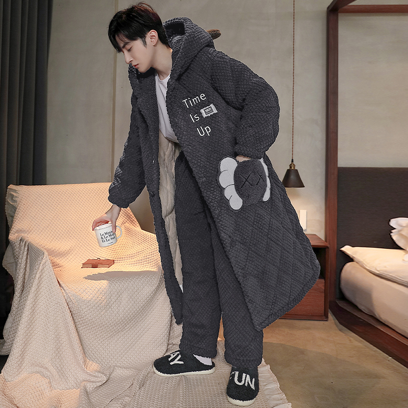 三层夹棉加厚睡袍冬季男士睡衣加厚加绒秋冬款珊瑚绒家居服 7838