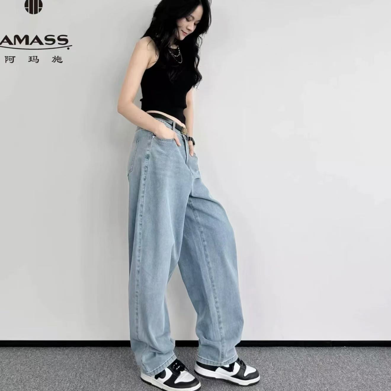AMASS/阿玛施经典丹宁风中高腰水洗牛仔九分休闲香蕉裤5100484