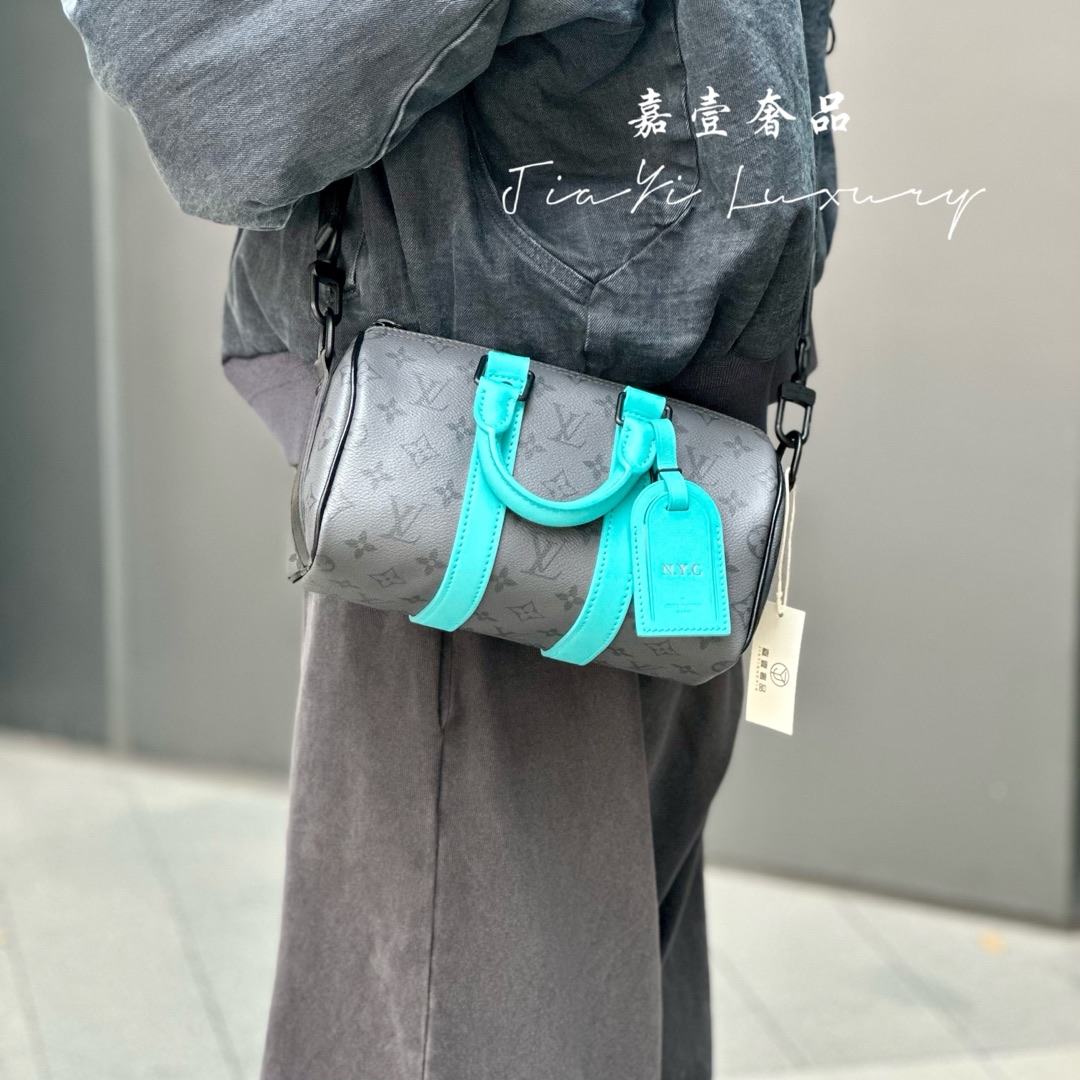 99新 LouisVuitton/路易威登 嘉壹/(6619)keepall 25灰拼蓝斜挎 