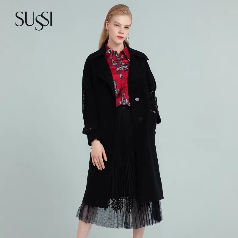 「双十一专属款」SUSSI/古色冬黑色毛呢羊毛大衣外套女显瘦大衣复古