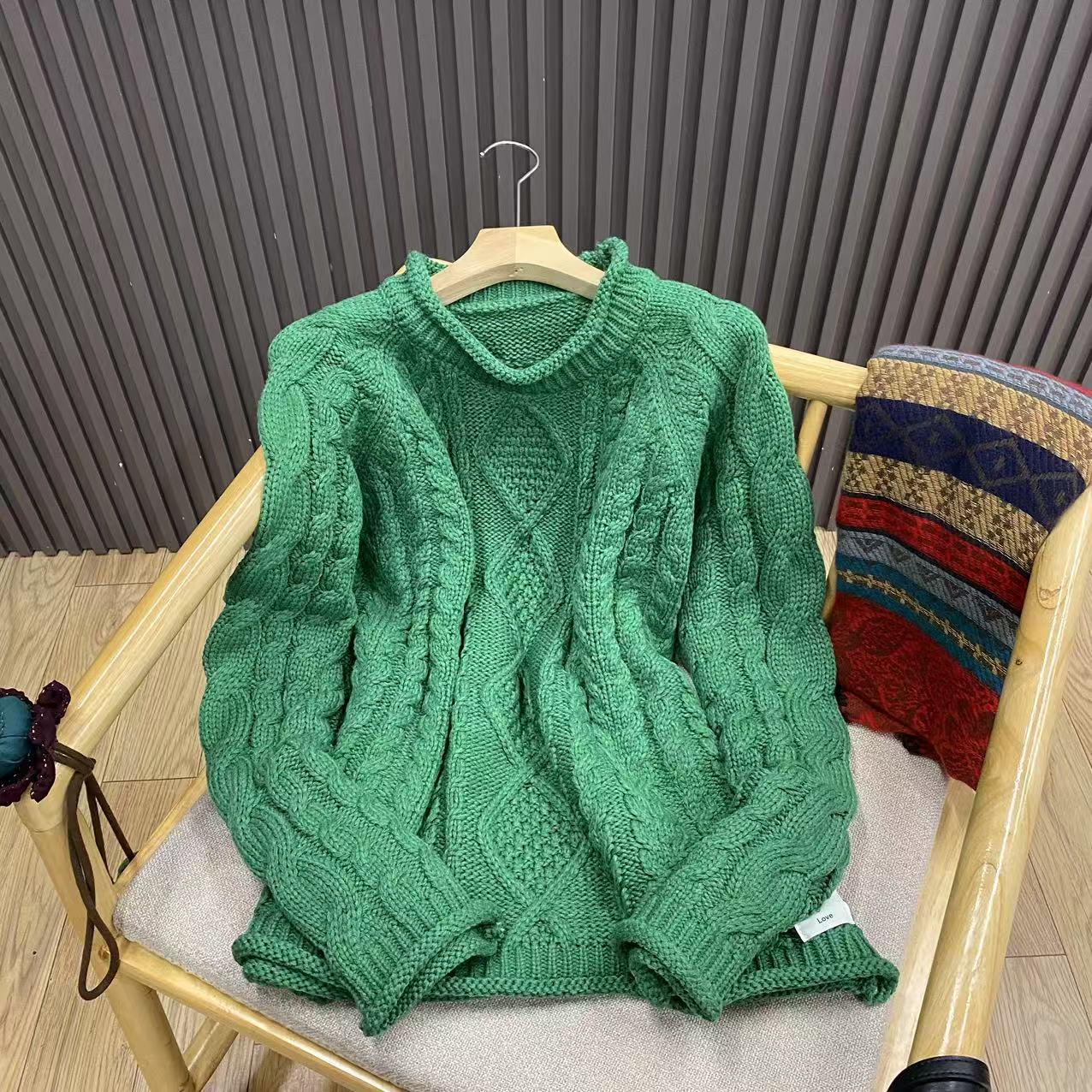 秋冬复古绞花套头慵懒风毛衣宽松百搭纯色卷边针织衫女Z1915