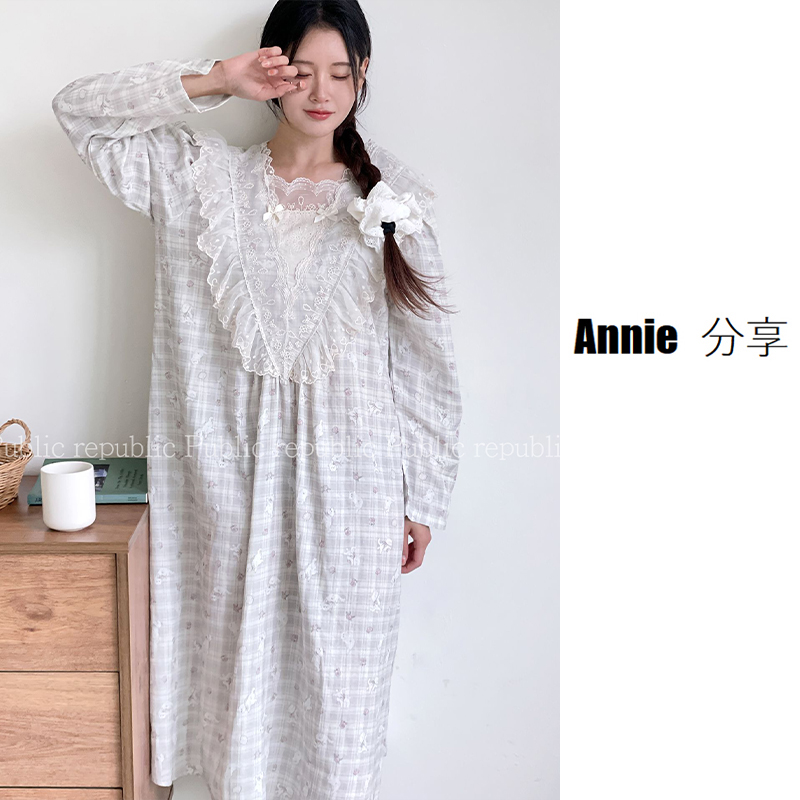 棉纱/韩国PB品牌/ins风气质法式甜美小众V领时尚家居睡裙