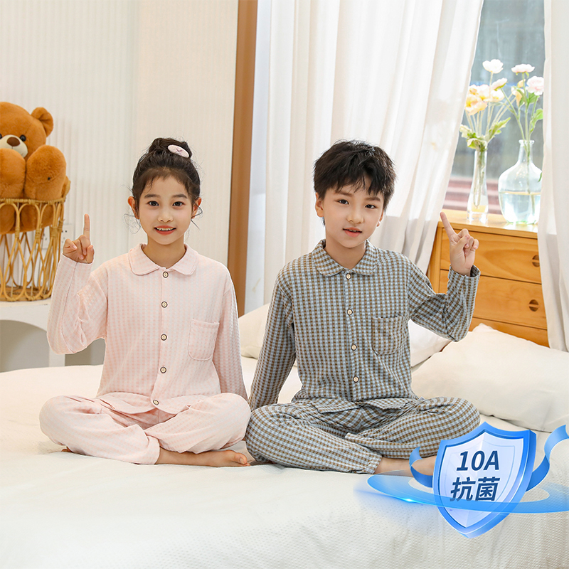 【10A抗菌】儿童新款男女童休闲风格纹家居服套装洋气翻领单排扣