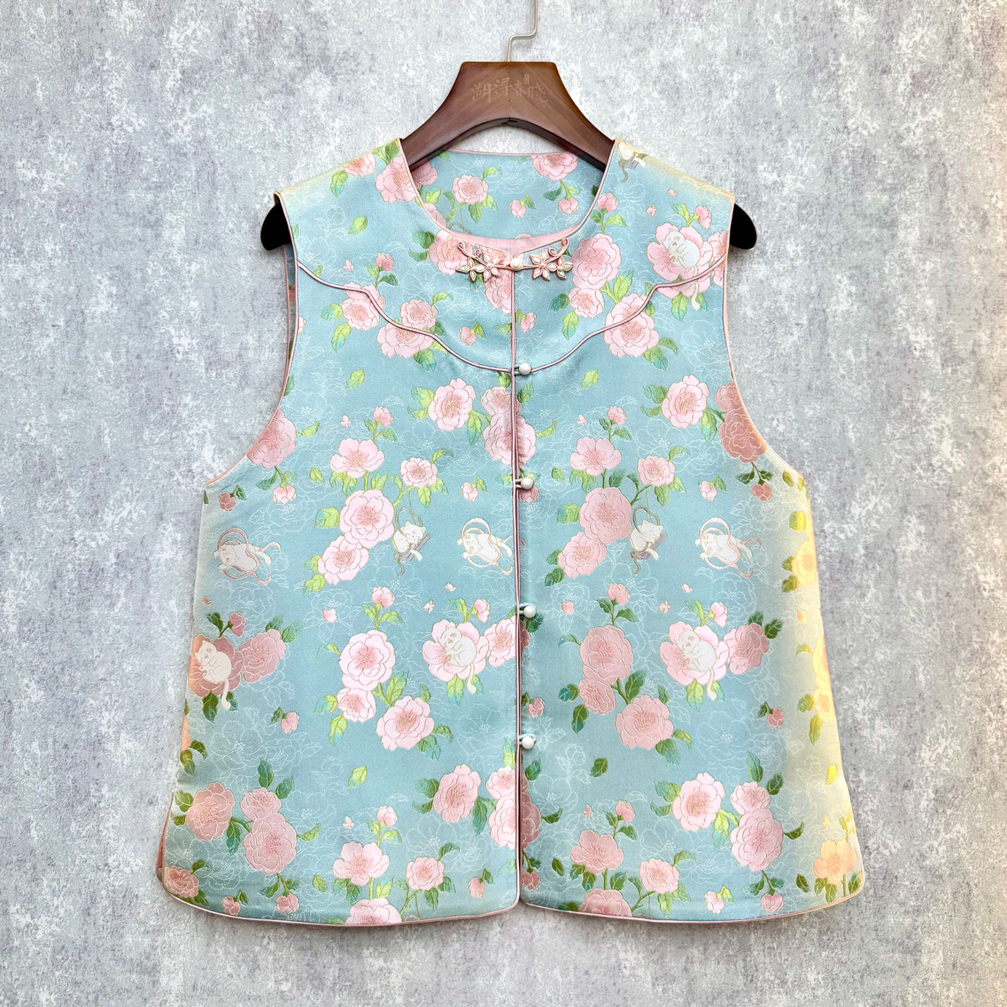 李德喜带钢印 山茶花猫 桑蚕丝织金老宋锦马甲 现货现发 分大小码