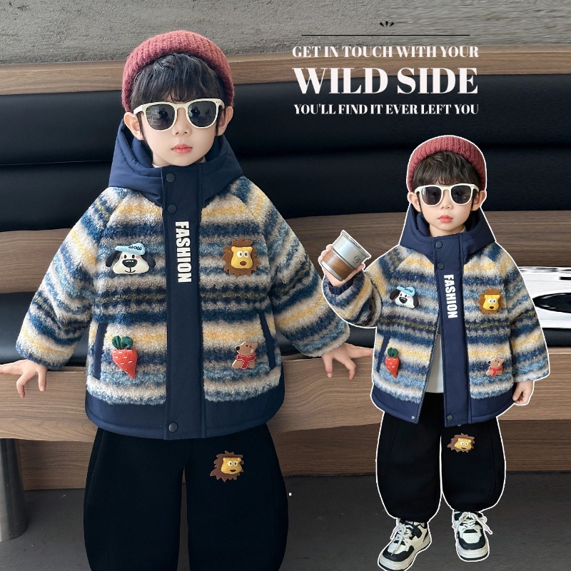 男童冬装加绒外套洋气儿童加厚棉服宝宝冬季卡通保暖连帽棉袄上衣