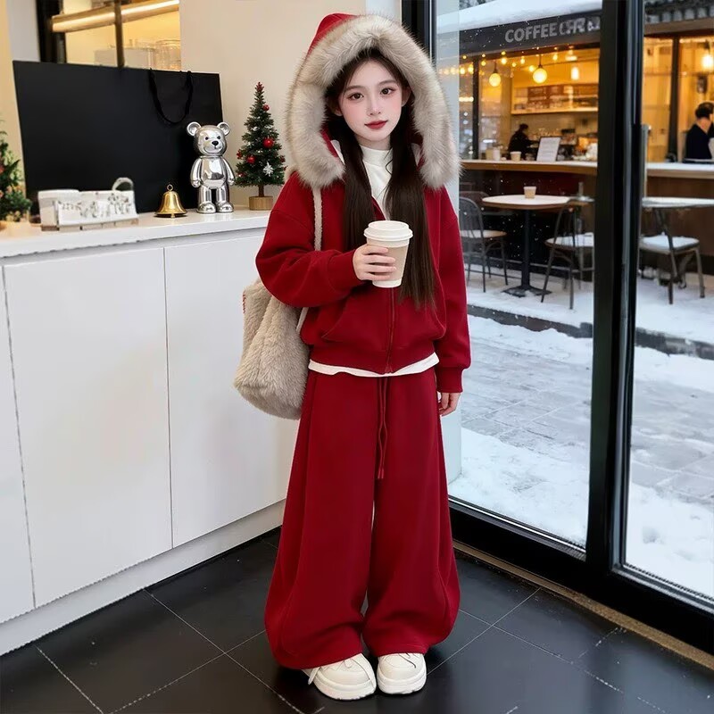 女童秋冬款拜年套装2025新款中大童保暖红色休闲洋气加厚两件套