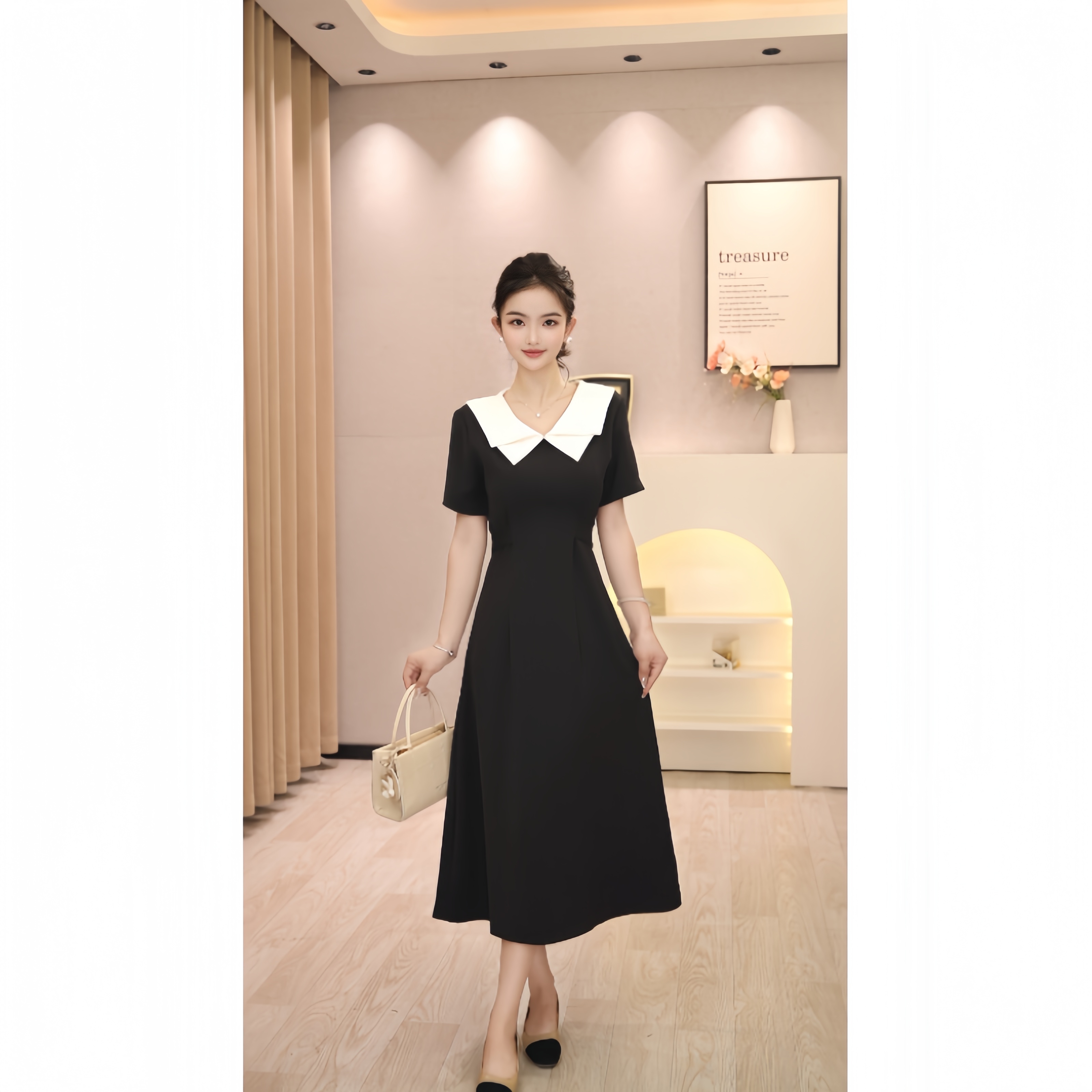 8126 人间奥黛丽！撞色短袖连衣裙女夏小众高级收腰长裙