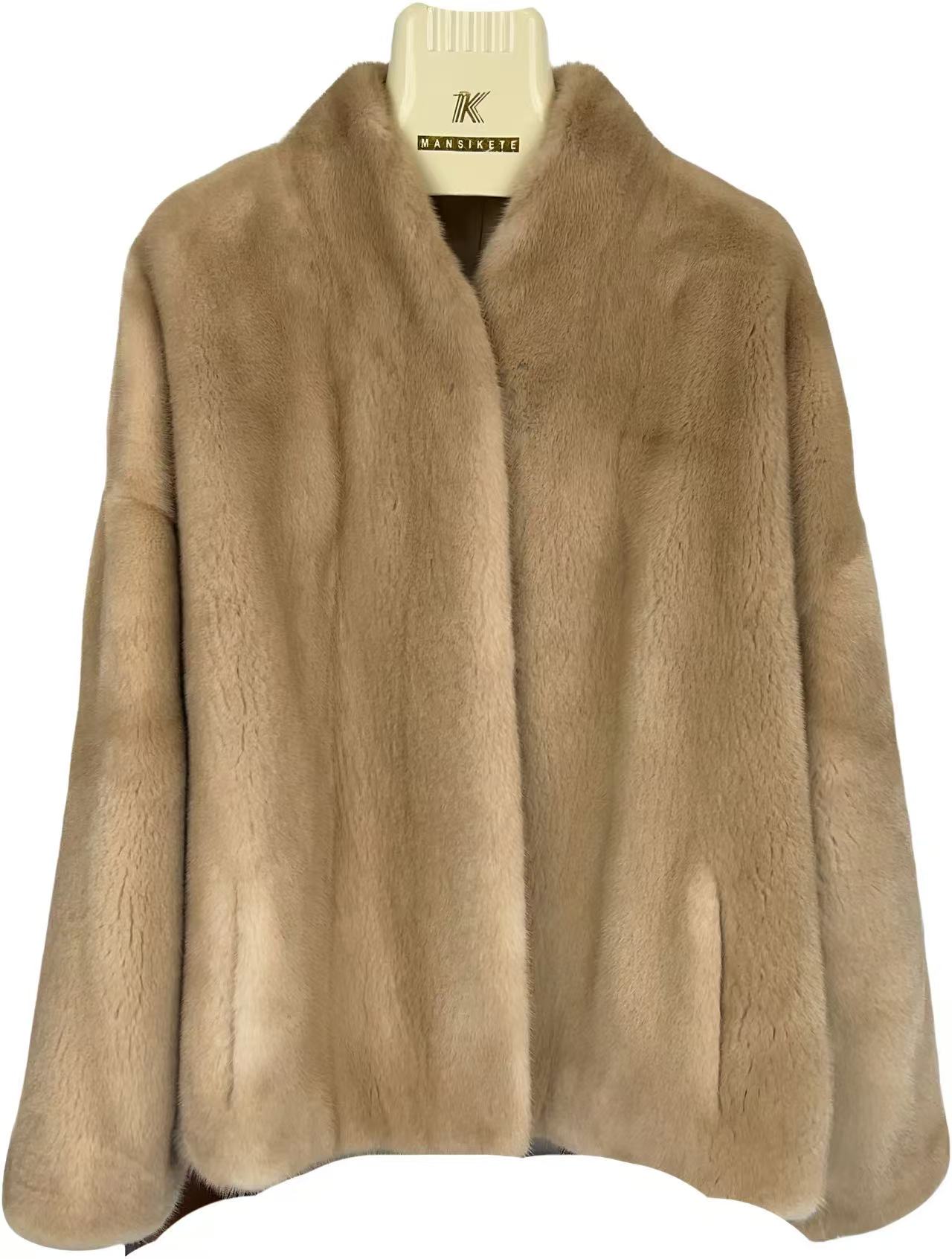 连立领老钱风极简风米黄色整貂短款8006-62