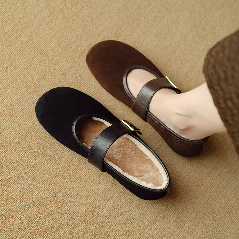 1.5cm/羊皮/时尚冬季保暖低跟单鞋女百搭玛丽珍一字带加厚加绒40