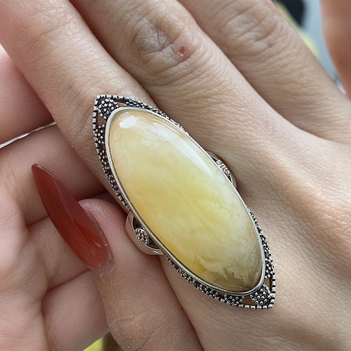 琥珀戒指银S925镶嵌戒指