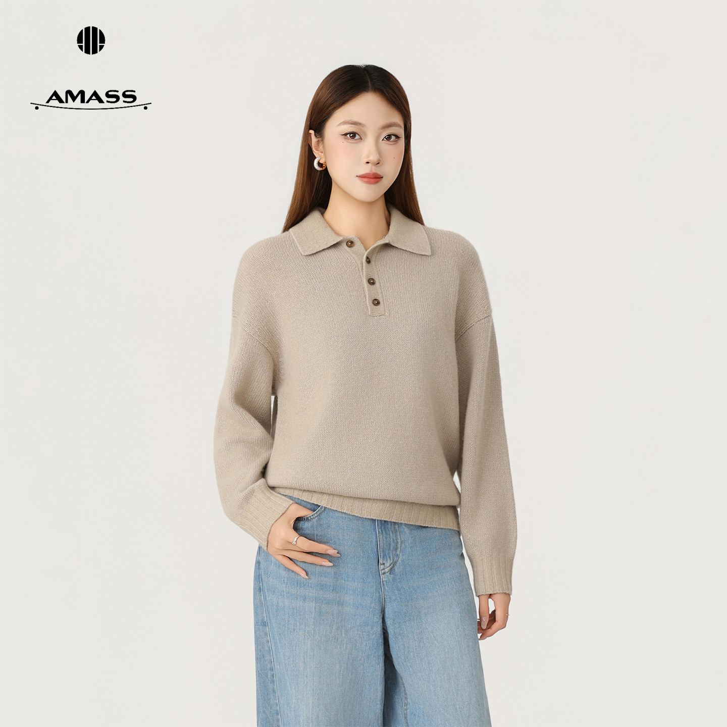 AMASS/阿玛施冬季新款时尚洋气百搭羊绒软糯显瘦翻领针织衫538113