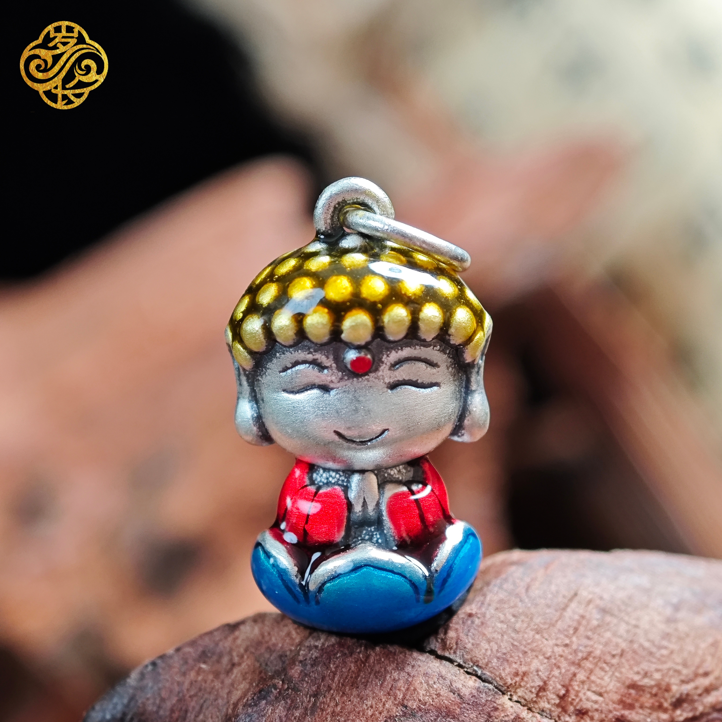 吊坠足银 足银999红蓝珐琅彩Q版宝宝佛吊坠 精致 国风