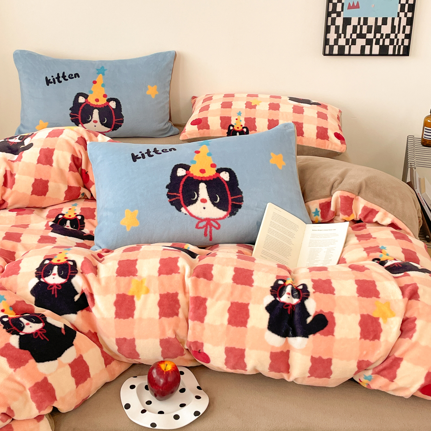 冬季卡通猫咪牛奶绒床上四件套秋冬加厚双面绒被套保暖加厚加绒