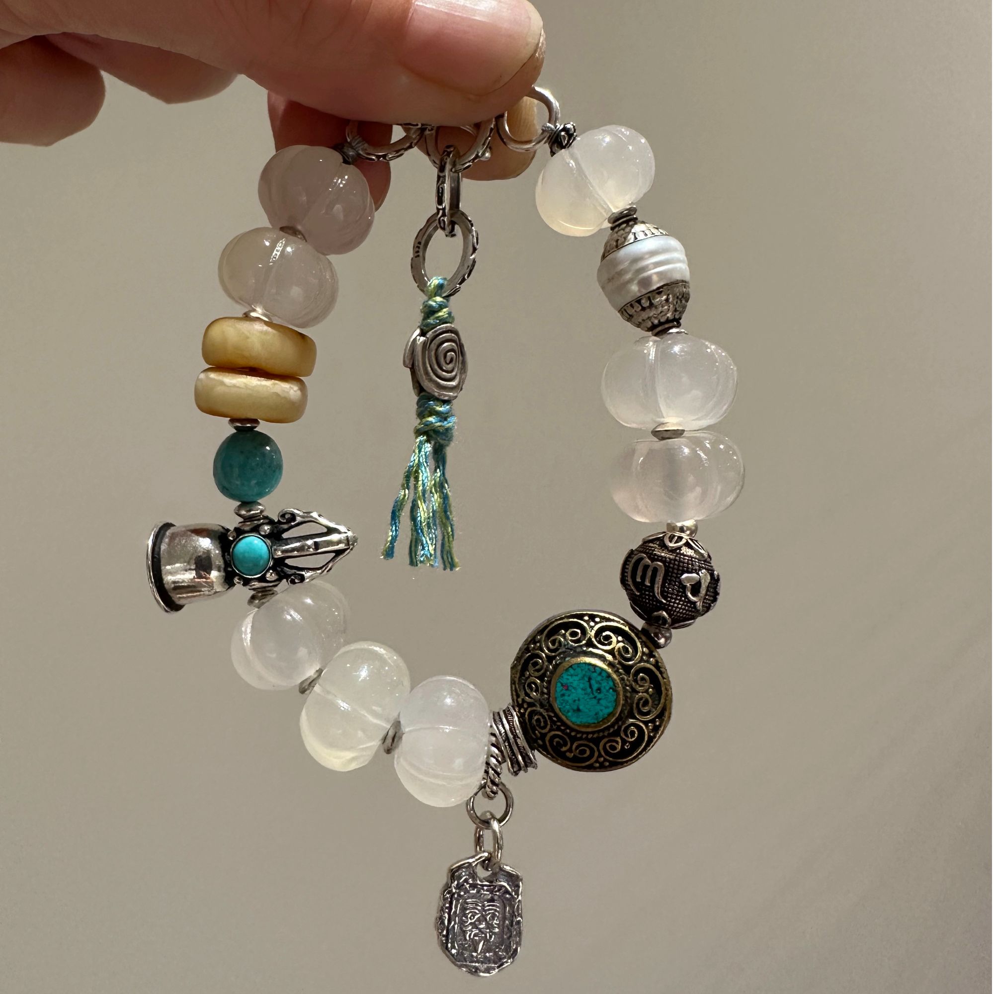 925银手链 S12058尼泊尔手工珠六字真言金刚杵铃铛扎基手链多样发