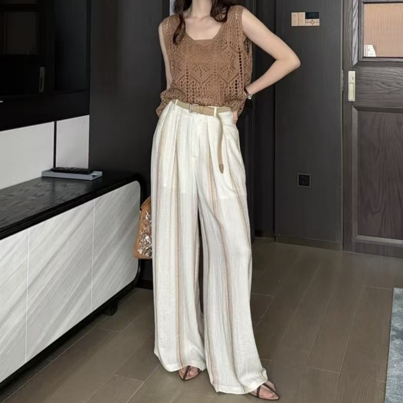 Z.X 莱赛尔上衣+麻料条纹裤三件套（无腰带） 153（C3）