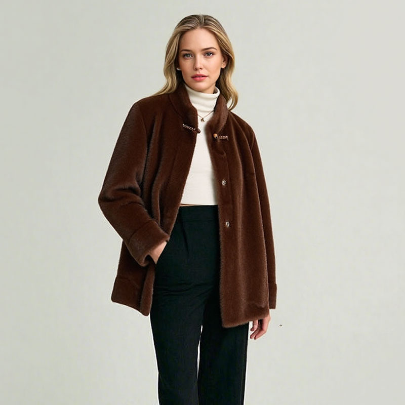 锦而美2025中年妈妈装加厚立领极简风中长款北极绒外套长袖5023