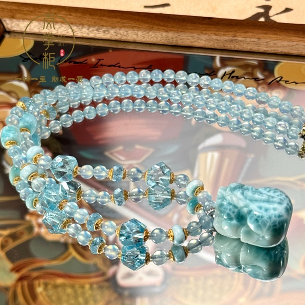 培育海蓝宝石E2772W 海纹貔貅 海蓝宝 项链