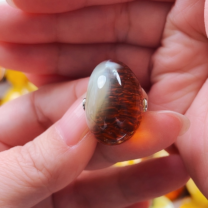 琥珀戒指银S925镶嵌戒指